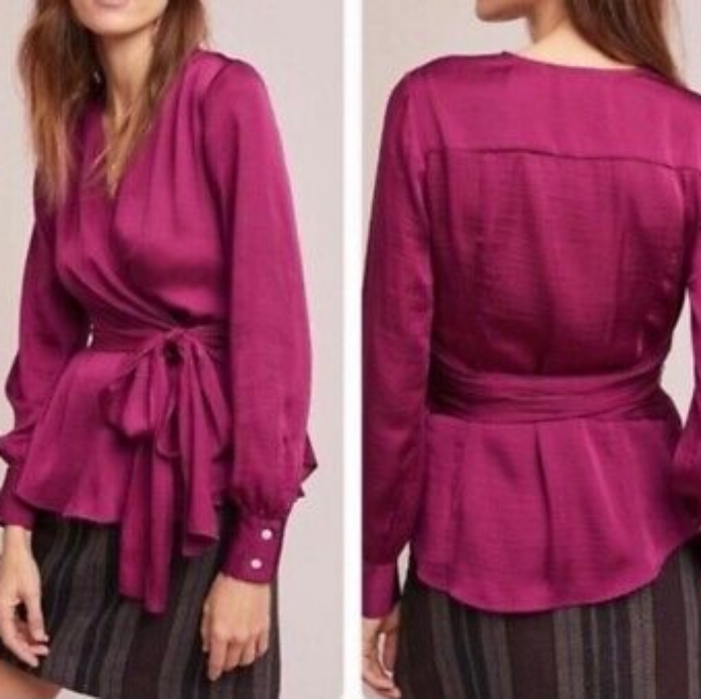 MOULINETTE SOEURS by ANTHROPOLOGIE Brynn Maroon Wrap Blouse size 8